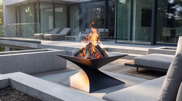 Modern outdoor fire pit with flames surrounded by contemporary seating and a sleek architectural backdrop.