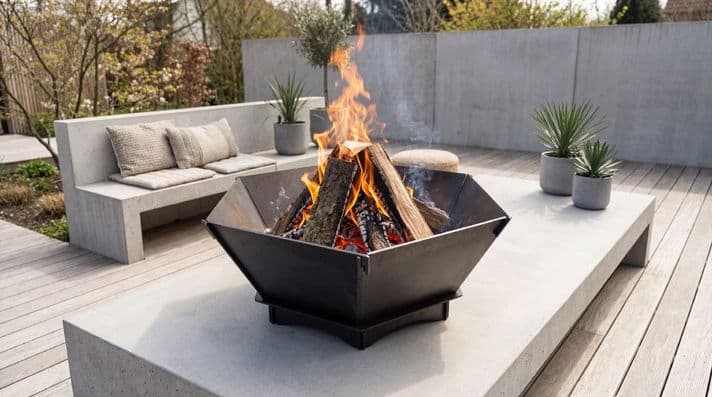 Modern outdoor fire pit with blazing fire, surrounded by concrete seating and decorative plants.