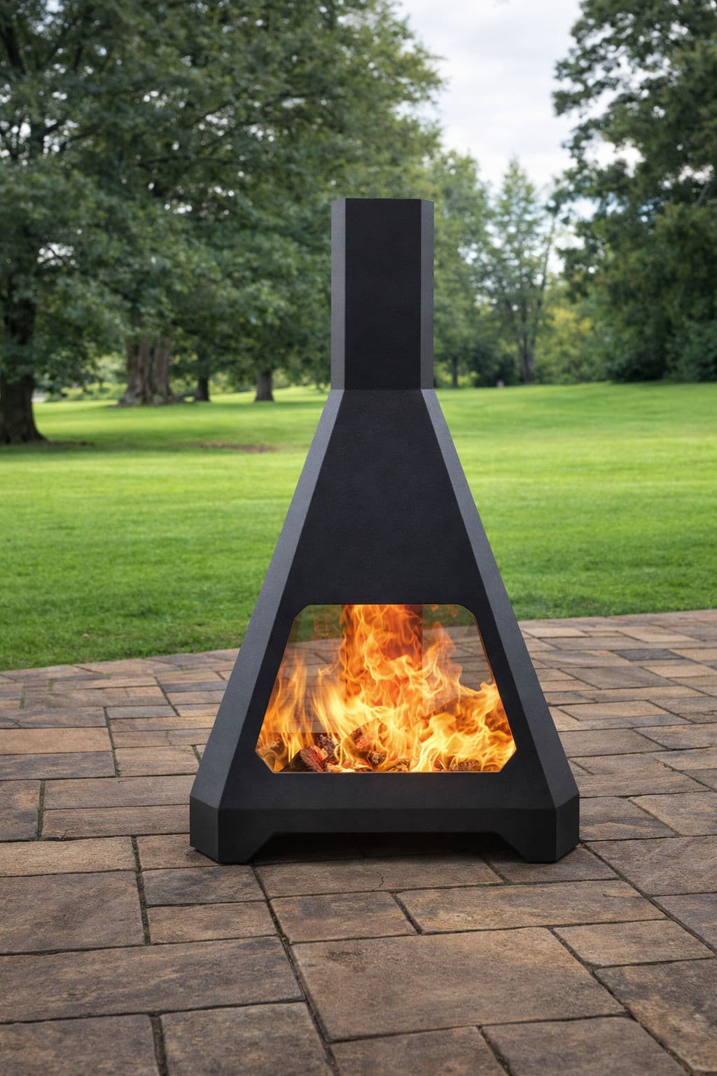 Modern outdoor fireplace in a landscaped garden, featuring a geometric design and visible flames.